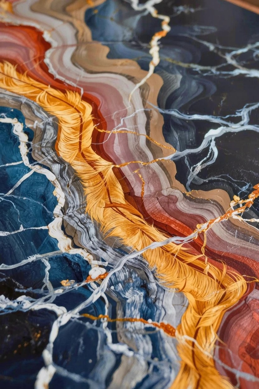 Abstract acrylic painting of wavy agate-like stone layers in navy, gray, orange, and yellow with white and gold cracks.