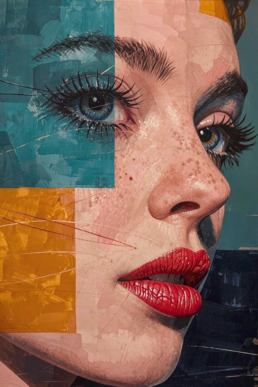Geometric abstract acrylic portrait of a woman's face in teal, orange, and skin tones with blue eyes, red lips, and freckles.