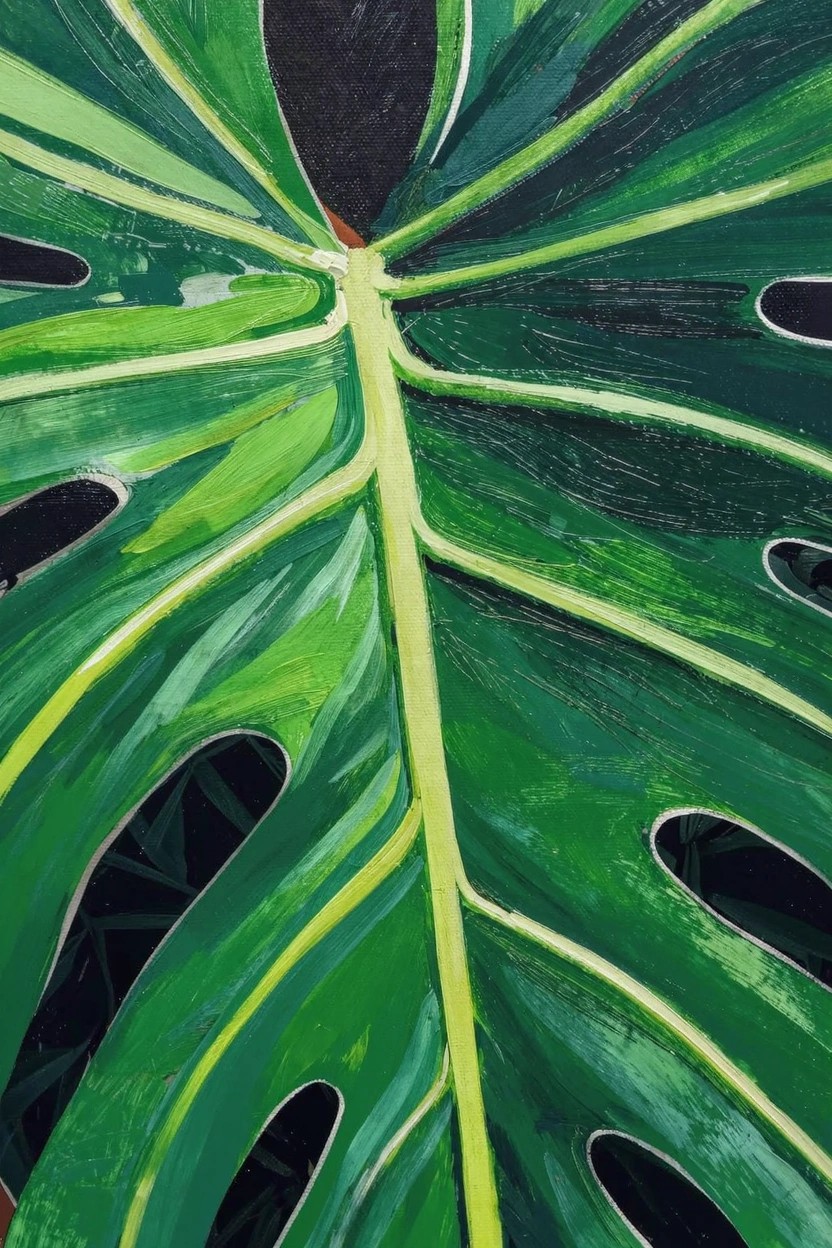 Acrylic painting of a large green monstera leaf with splits, veins, and textured brushwork against a dark background.