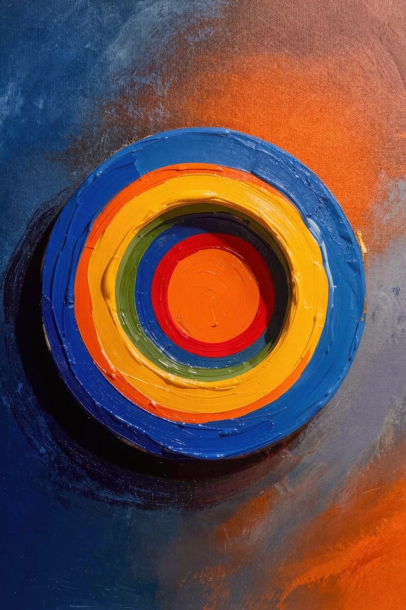 Thickly painted concentric rings in blue, yellow, green, red, and orange form a textured circle on a blue-to-orange gradient background.