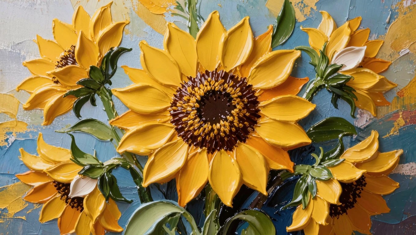 Acrylic painting of three clustered sunflowers with thick impasto brushstrokes on petals, dark centers, green leaves, and textured background.