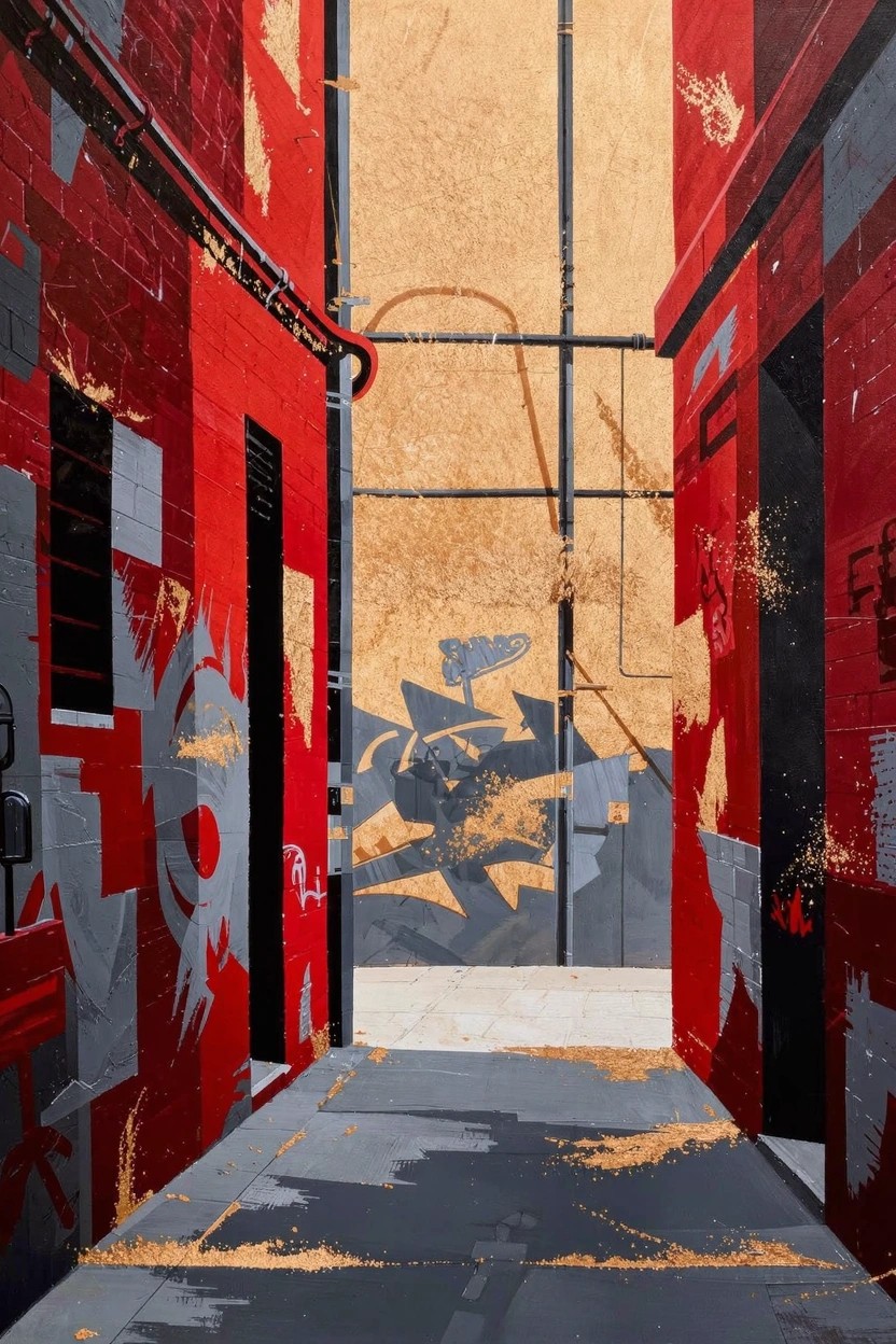 Narrow alley between graffiti-covered red brick walls with pipes, shadows, and a central golden glow leading to light.