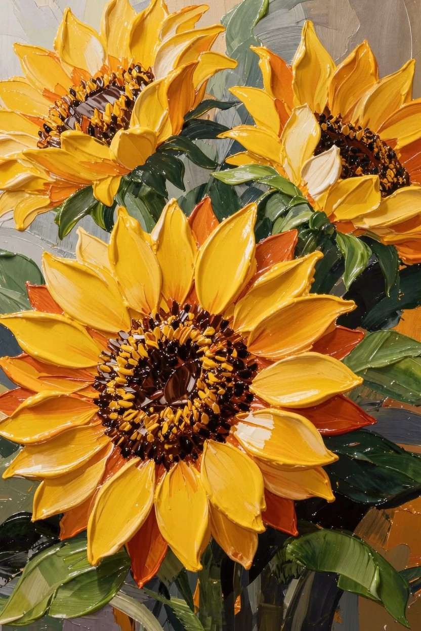Acrylic painting of three clustered sunflowers with thick impasto brushstrokes on petals, dark centers, green leaves, and textured background.