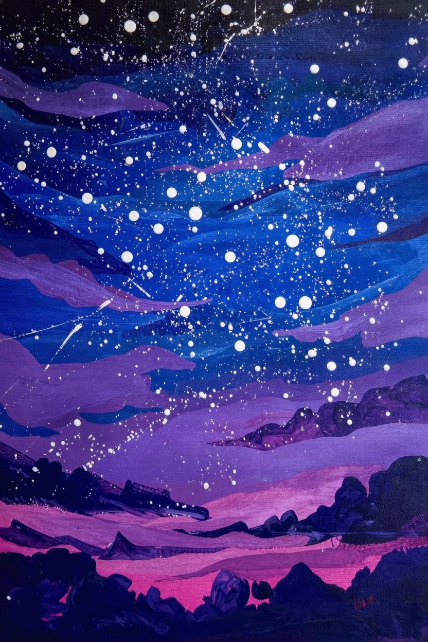 Acrylic painting of a deep purple and blue night sky filled with white stars and swirling clouds over purple rocky hills.