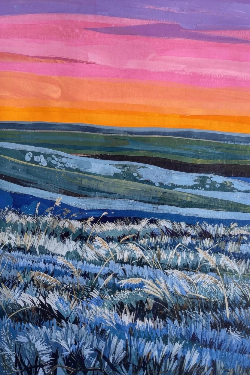Acrylic painting of a colorful sunset sky over layered green fields and white-blue grasses.