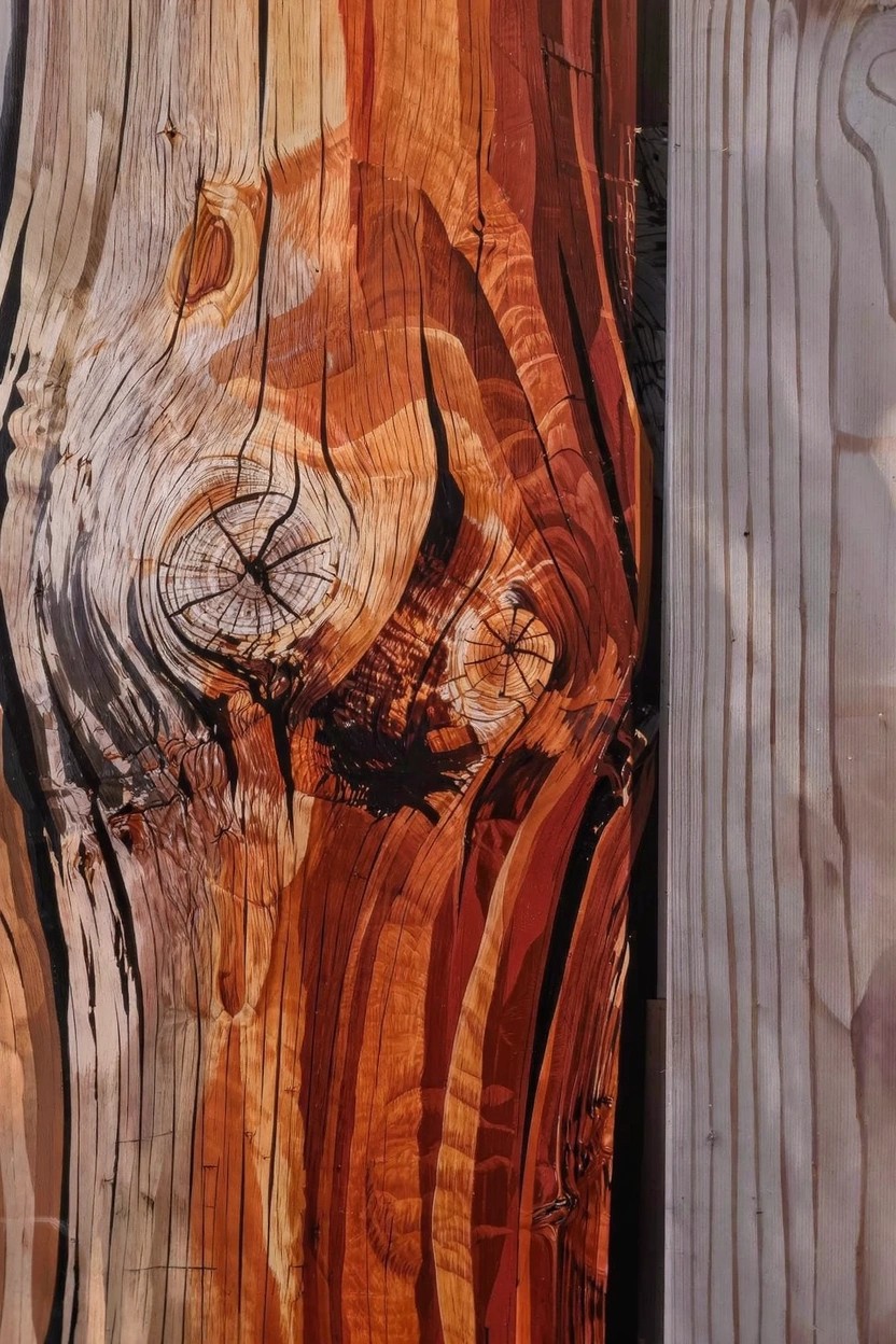 Close-up of acrylic painting showing detailed wood grain, knots, and planks in orange-brown and gray tones.