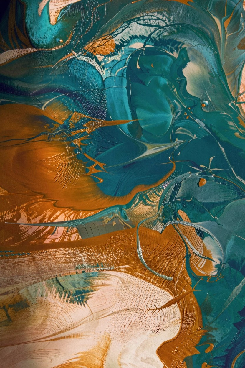 Abstract acrylic painting with swirling teal, turquoise, orange, cream, and white layers forming fluid, textured flows.