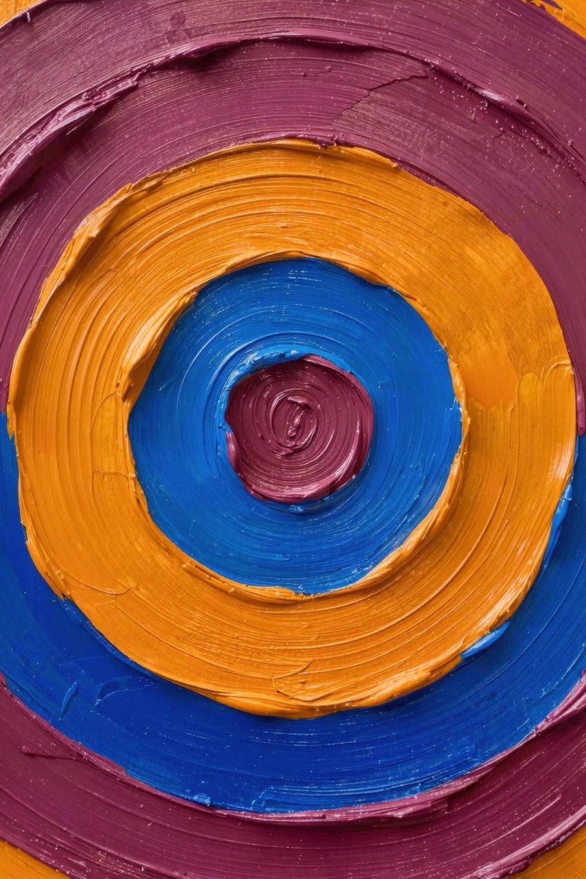 Close-up of an abstract acrylic painting with thick concentric rings in purple, orange, blue, and magenta forming a textured bullseye.
