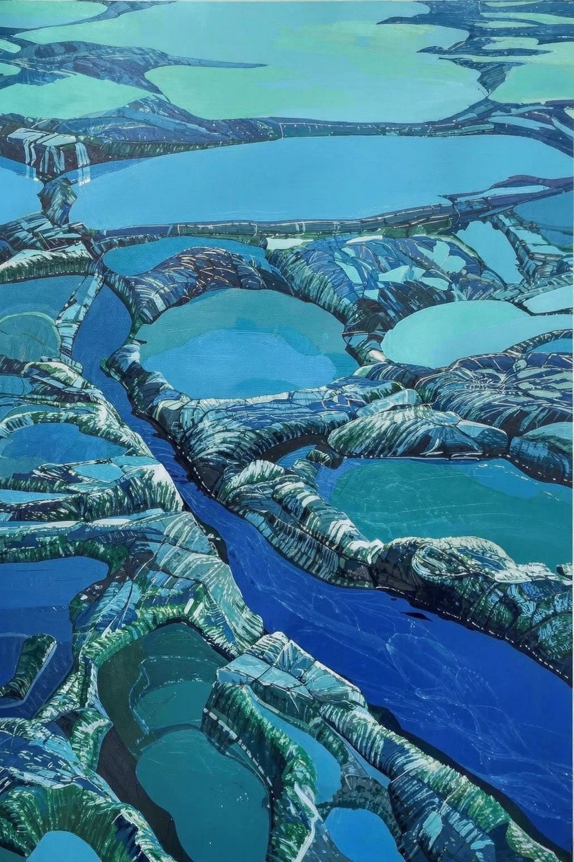 Abstract acrylic painting depicting turquoise pools amid cracked, textured green-blue terrain from above.