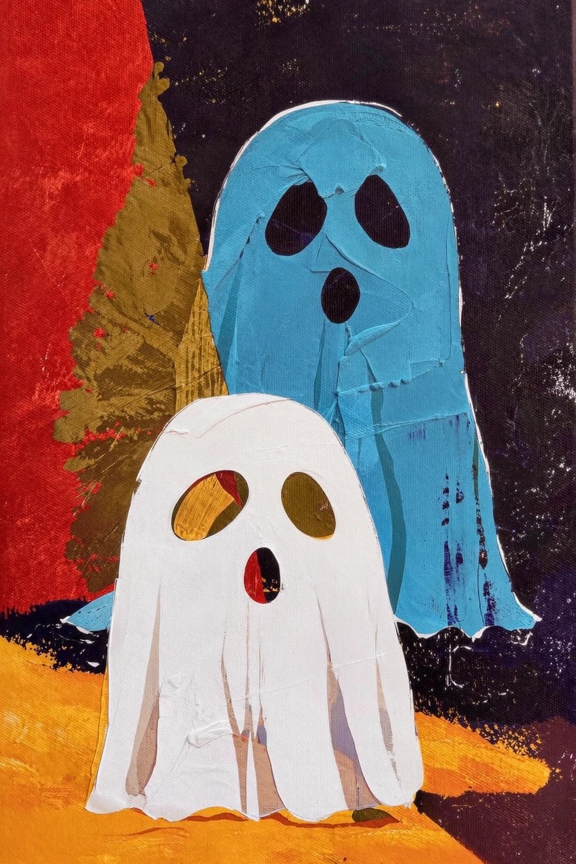 Acrylic painting featuring a small white ghost in front of a larger blue ghost, set against textured red and gold tree shapes on a dark background with orange ground.