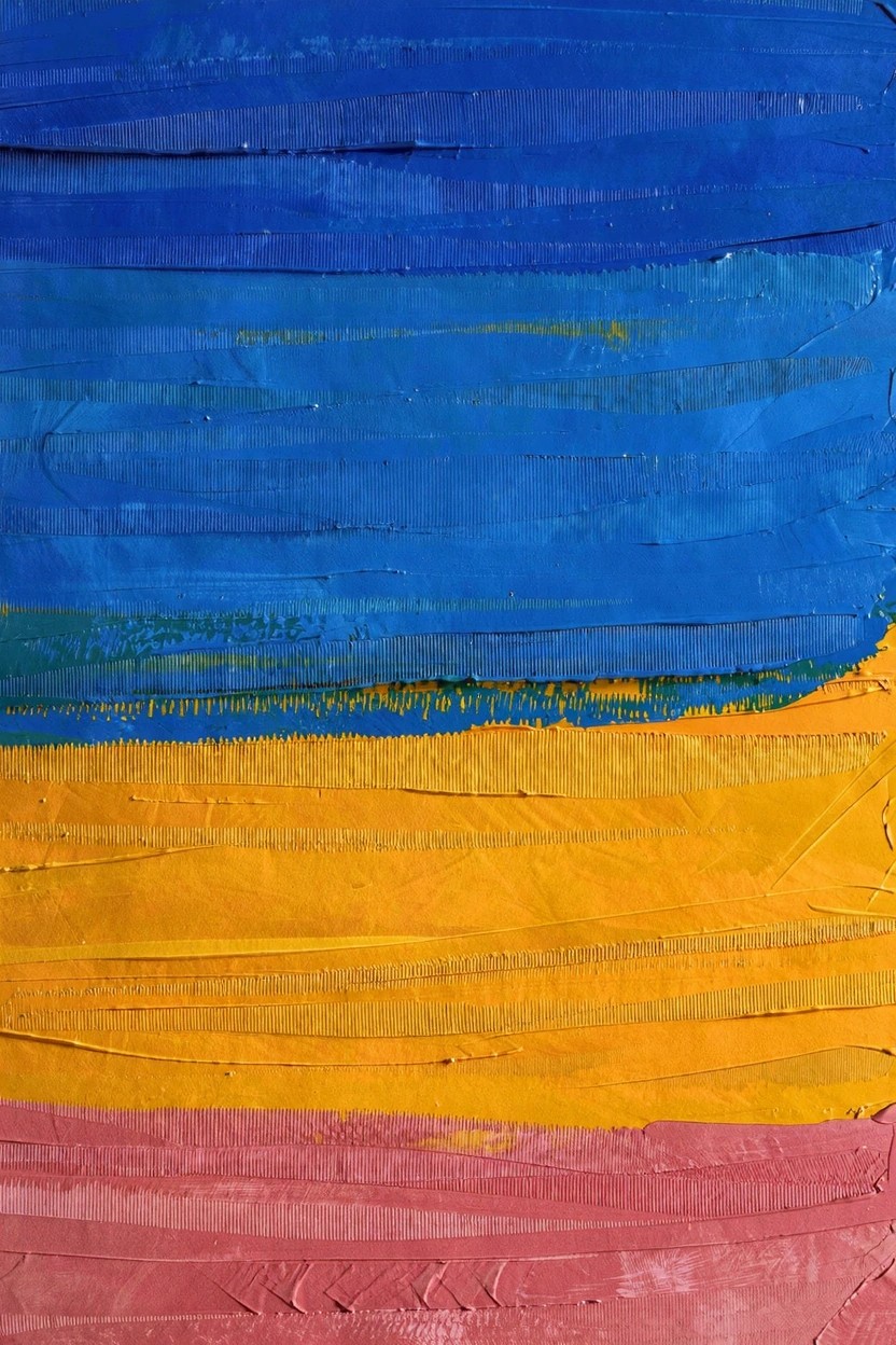 Abstract acrylic painting with horizontal textured stripes transitioning from blue at the top to yellow, orange, and pink at the bottom.