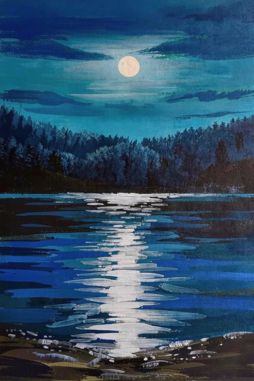 Acrylic painting of a full moon reflecting in white streaks on a dark blue lake with pine trees and rocky shore under a cloudy night sky.