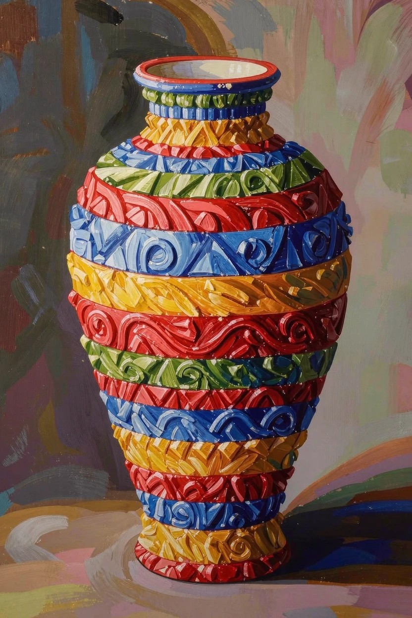 Acrylic painting of a vase with swirling multicolored stripes and textured bands on a soft abstract background.