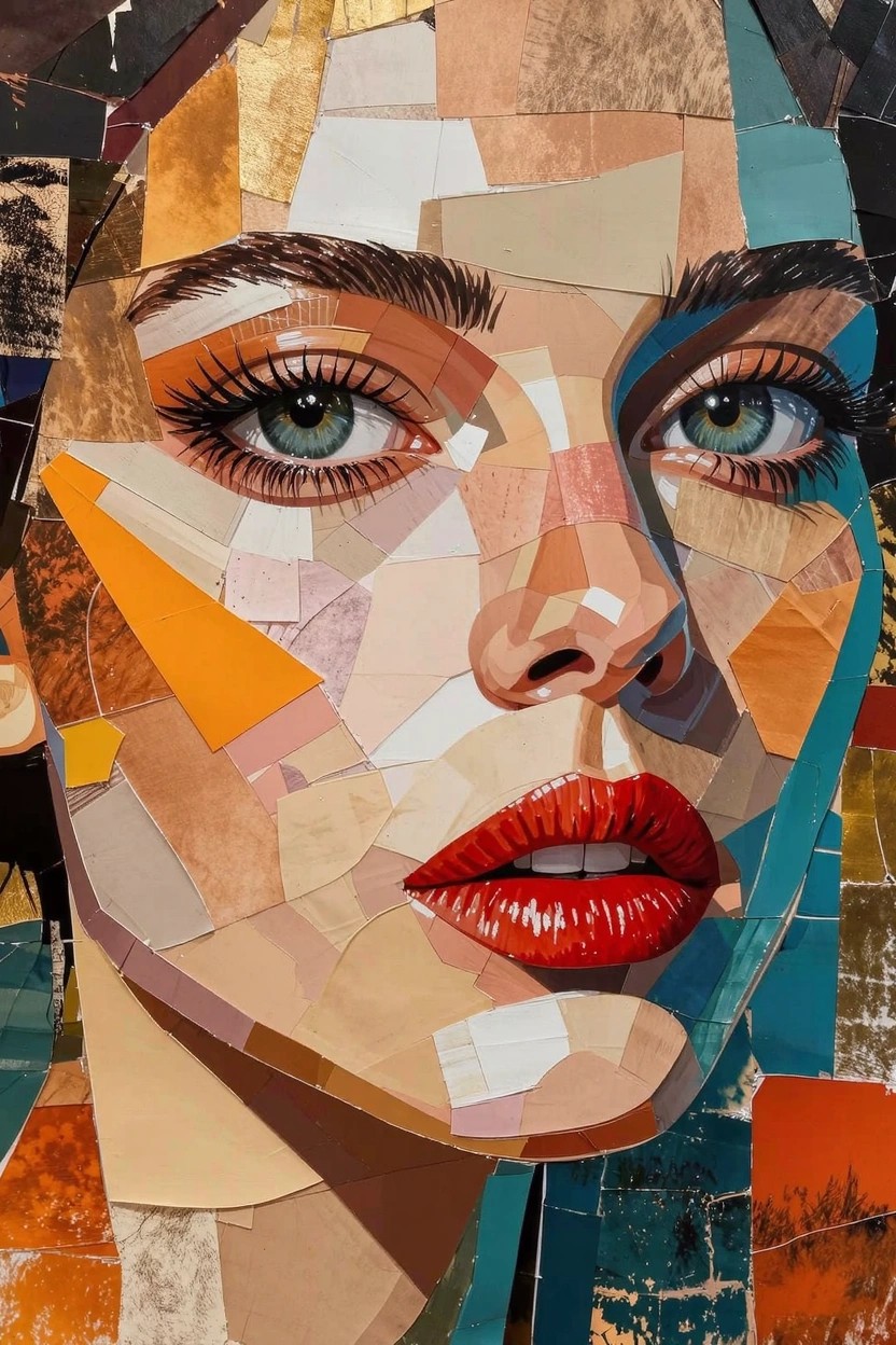 Abstract close-up portrait of a woman's face assembled from colorful geometric patches in teal, gold, orange, and neutral tones with green eyes and red lips.