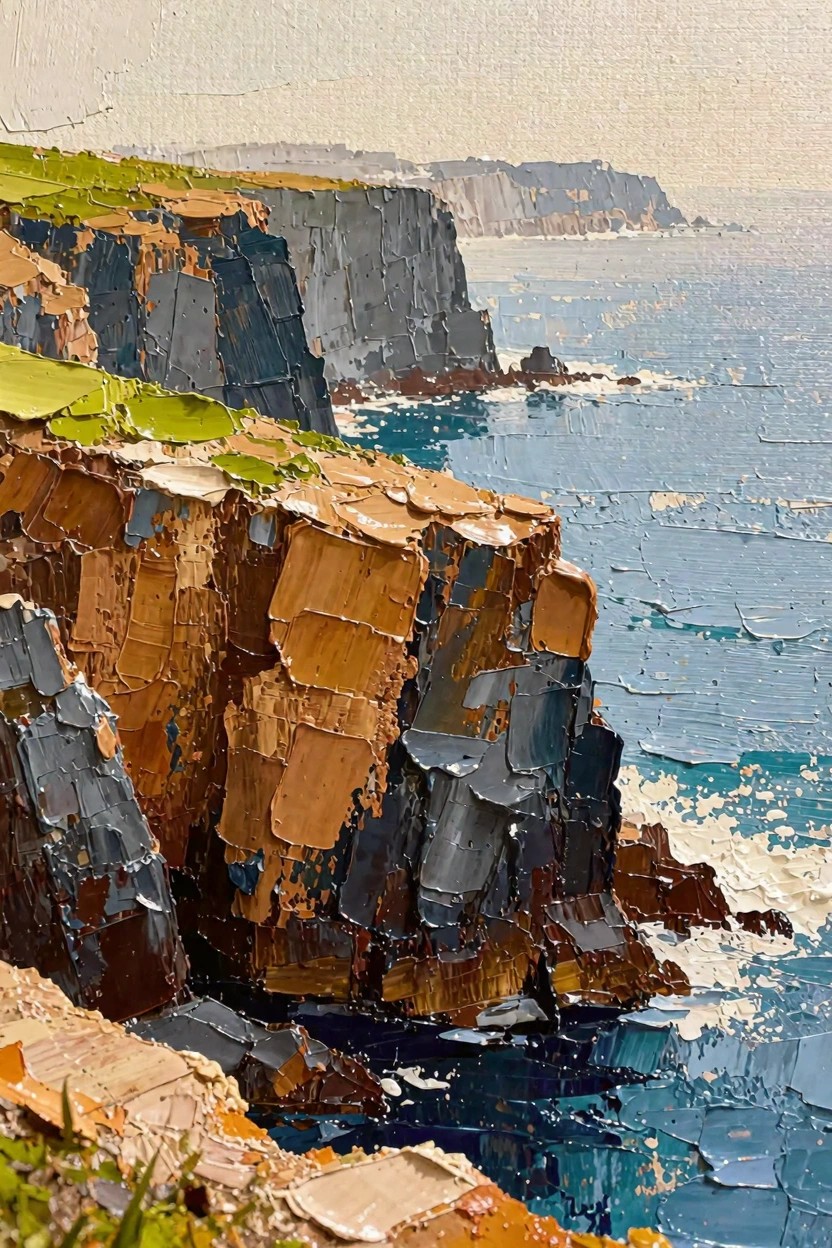 Acrylic painting of rugged orange-brown and dark cliffs topped with green grass, overlooking crashing blue ocean waves and distant misty shores.