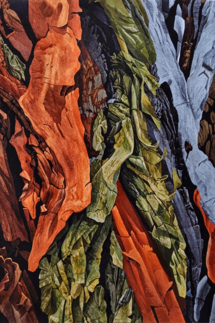 Close-up acrylic painting of orange-red cracked tree bark mixed with green crumpled leaves and gray-white stone-like textures.