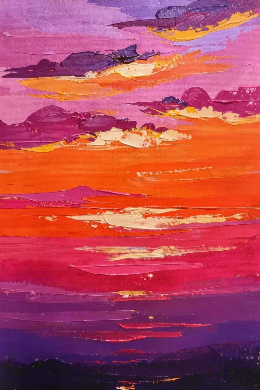 Acrylic painting of a sunset sky with thick, layered strokes of orange, pink, purple, and yellow clouds over a dark purple base.