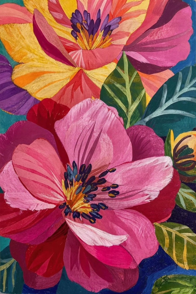 Acrylic painting of overlapping yellow, orange, pink, and purple peonies with green leaves on a teal background.