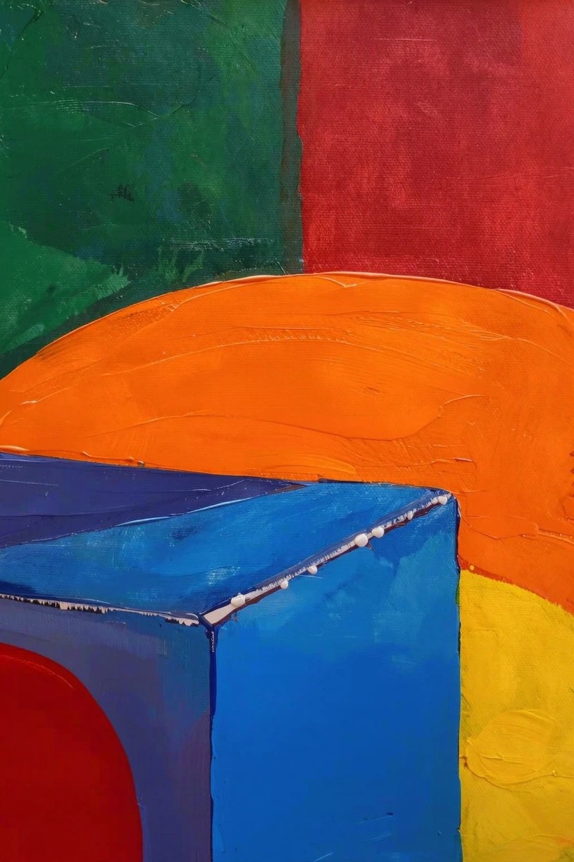 Abstract acrylic painting with overlapping blocks of green, red, orange, blue, and yellow, featuring a blue geometric form with a red circle and curved orange shapes.
