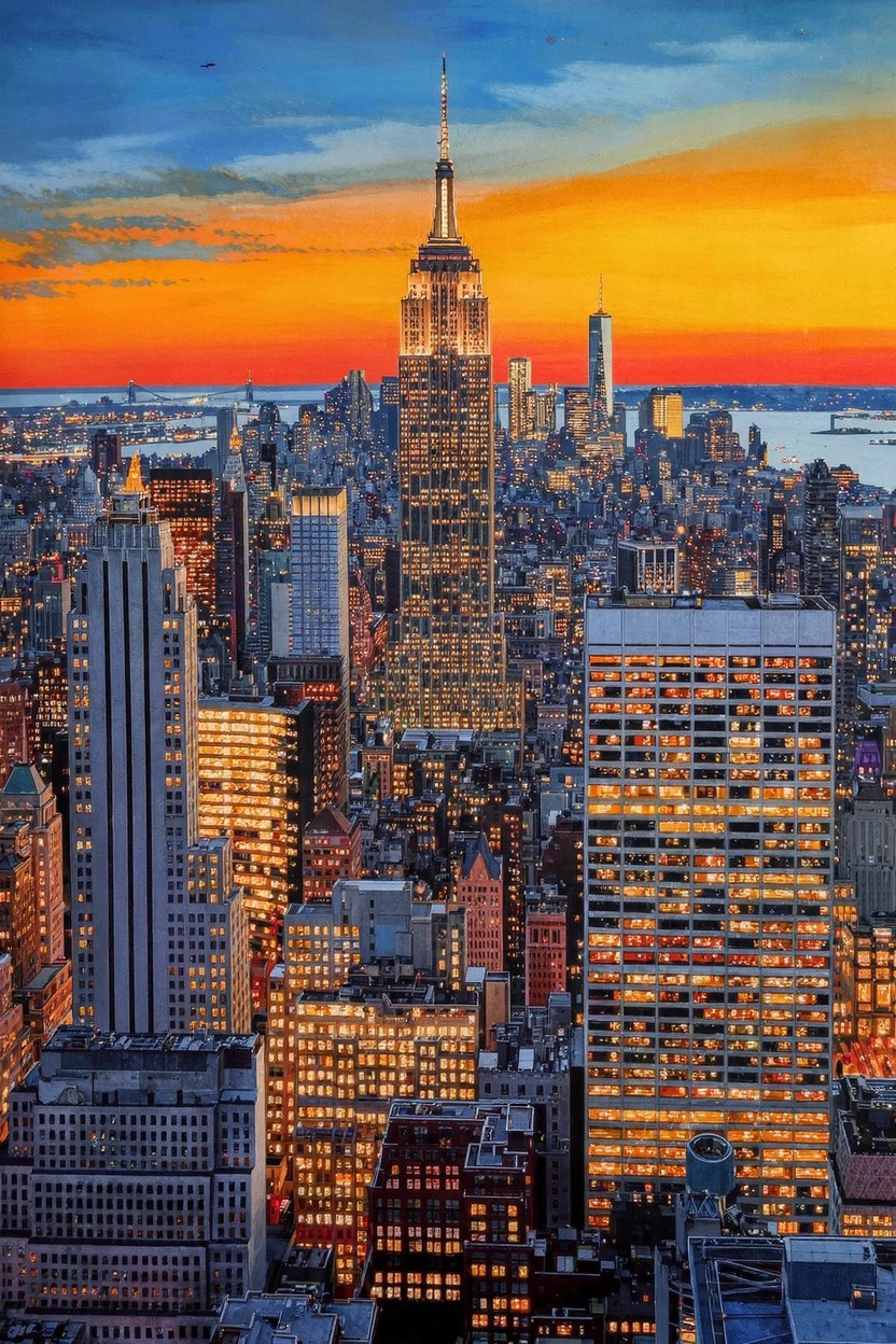 Acrylic painting of New York City skyline at sunset featuring the central Empire State Building with glowing skyscrapers and orange skies.