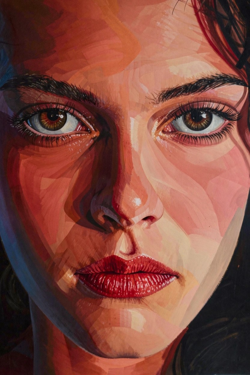 Close-up acrylic portrait of a woman's face rendered in angular, multicolored facets with green eyes, red lips, and warm skin tones.