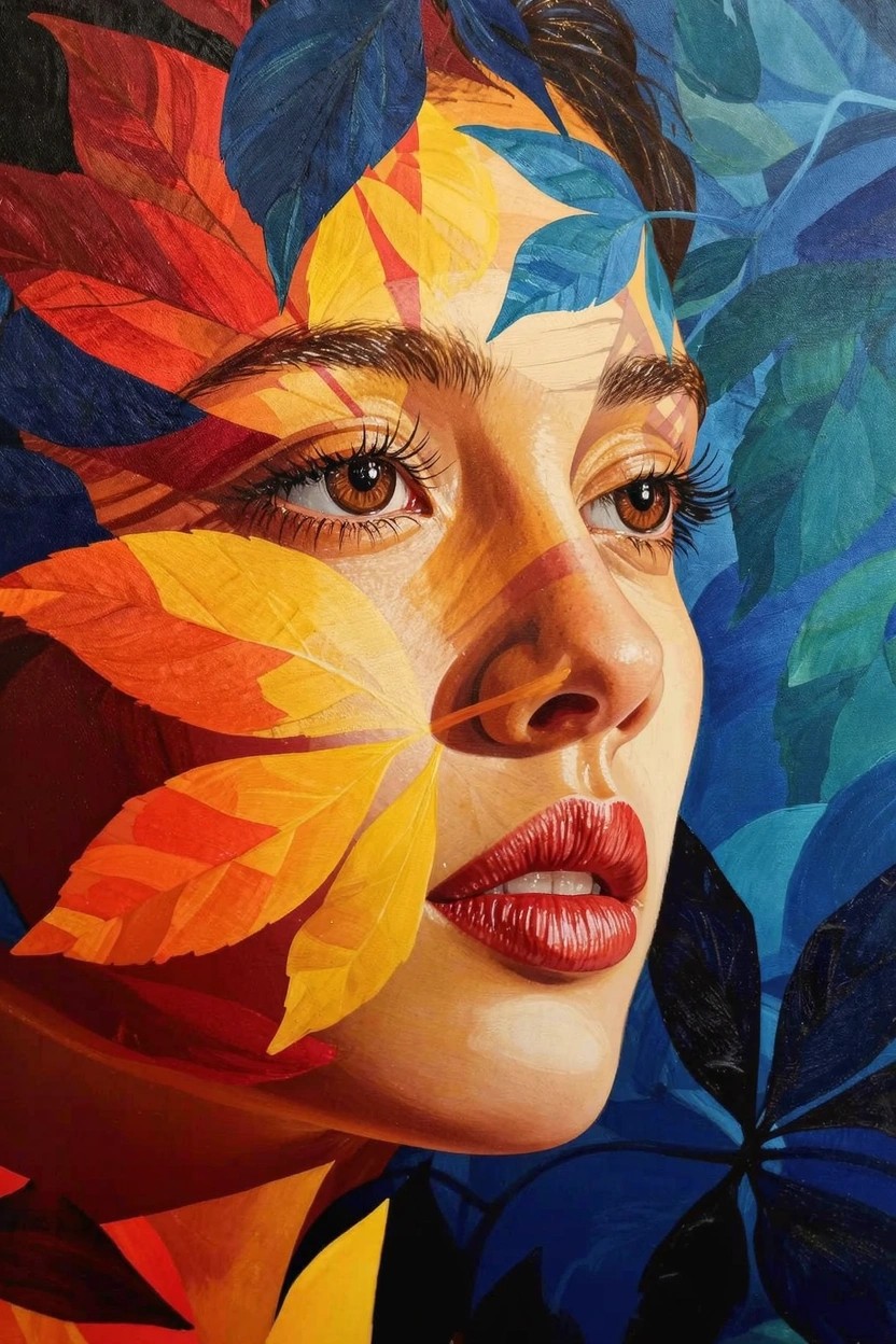 Close-up portrait of a woman with face, hair, and shoulders overlaid and blended with large colorful autumn leaves in reds, oranges, yellows, and blues on a dark background.