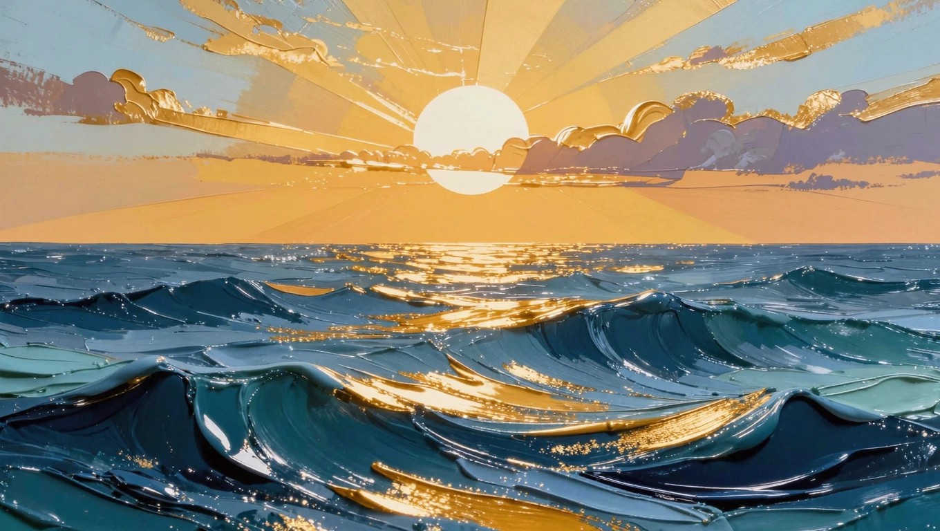 Acrylic impasto painting of a sunset over ocean waves with sandy beach foreground and golden reflections on water.