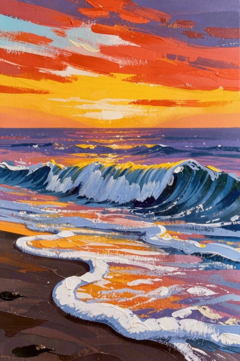 Acrylic painting of a vibrant orange-yellow sunset over purple ocean waves crashing on dark sand beach with foam and reflections.