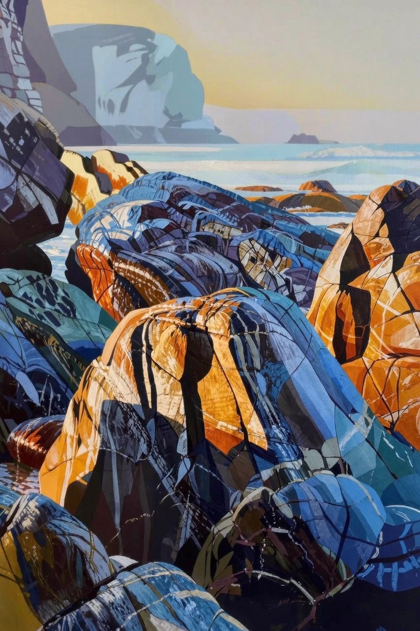 Stylized acrylic painting of blue and black geometric rocks with orange highlights on a beach, ocean waves, and distant cliffs under a golden sky.