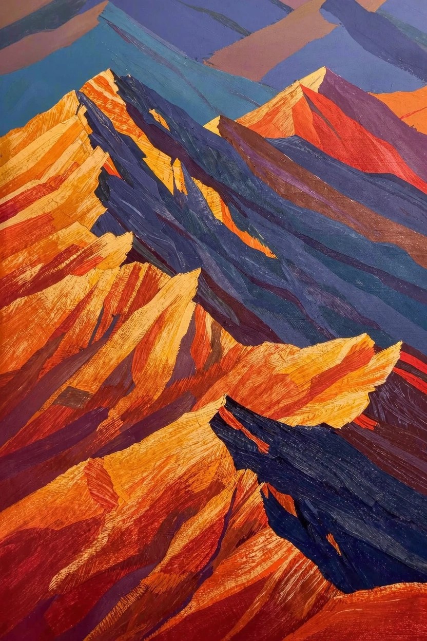 Abstract acrylic painting of jagged mountains in overlapping geometric shapes with orange, red, yellow, purple, and blue color blocks.