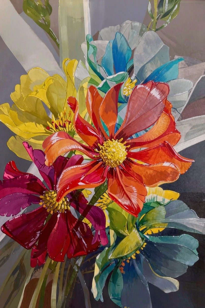 Acrylic painting of a bouquet of multicolored flowers with translucent layered petals on a gray background.
