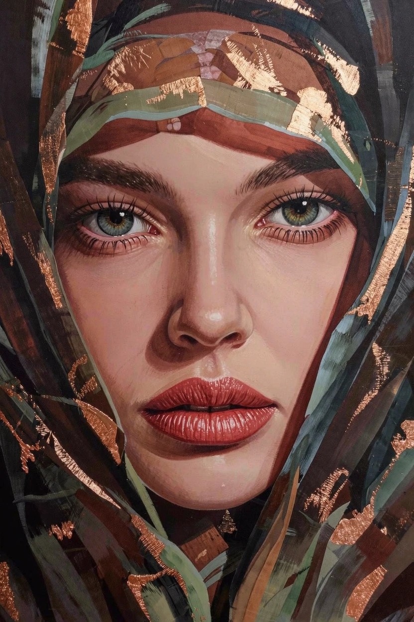 Close-up portrait of a woman with green eyes, red lips, and smooth skin framed by a textured green headscarf with metallic gold accents.