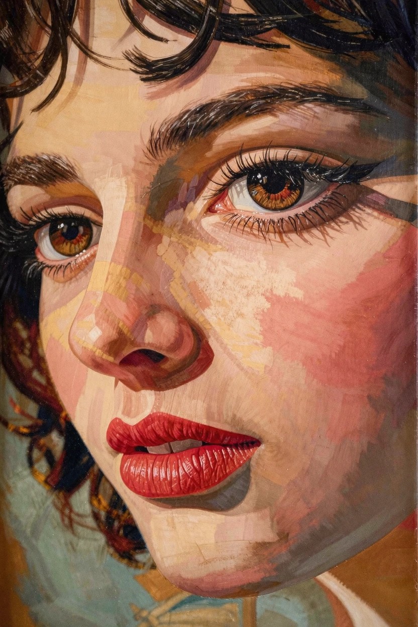Close-up acrylic portrait of a woman with dark curly hair, tan skin, brown eyes, and red lips using layered brushstrokes.