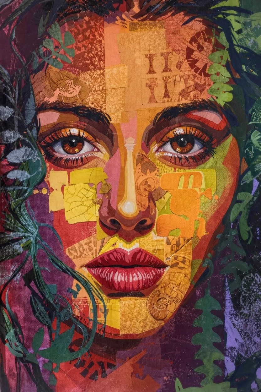 Acrylic painting of a woman's face made from colorful geometric patches in warm tones integrated with green foliage elements.