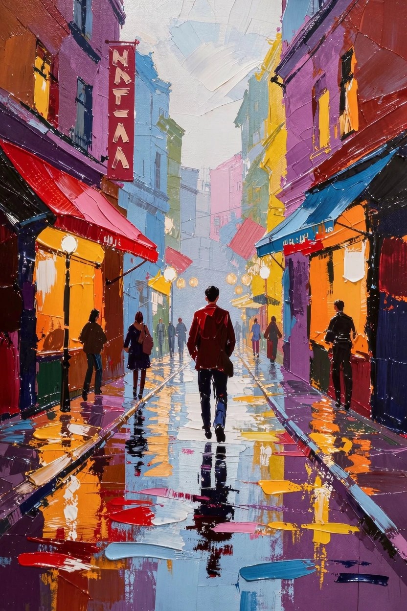 Acrylic painting of a colorful rainy alley with wet pavement reflections, vibrant buildings, and silhouetted walkers.