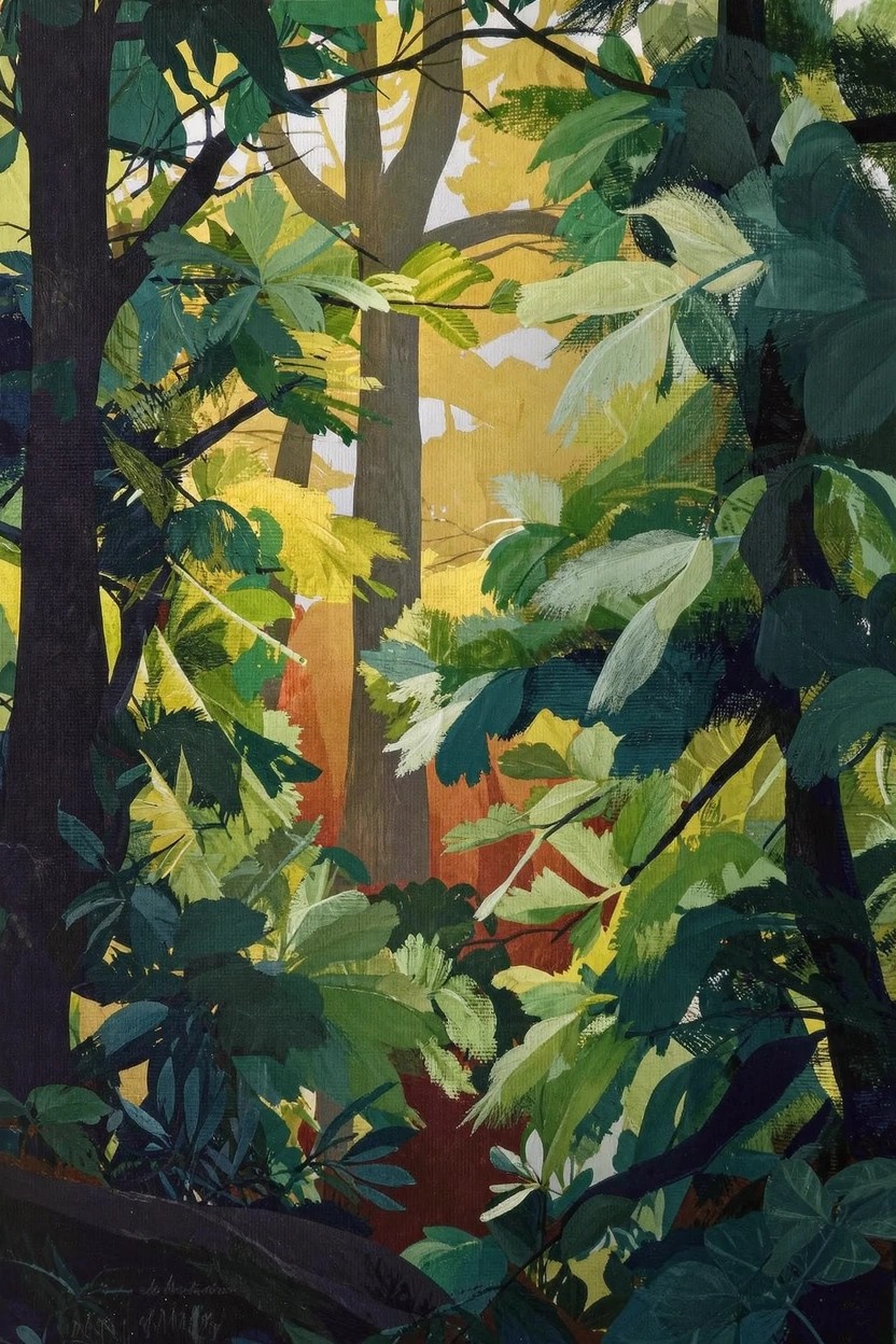 Acrylic painting of a forest interior with sunlight filtering through green and yellow foliage between dark tree trunks.