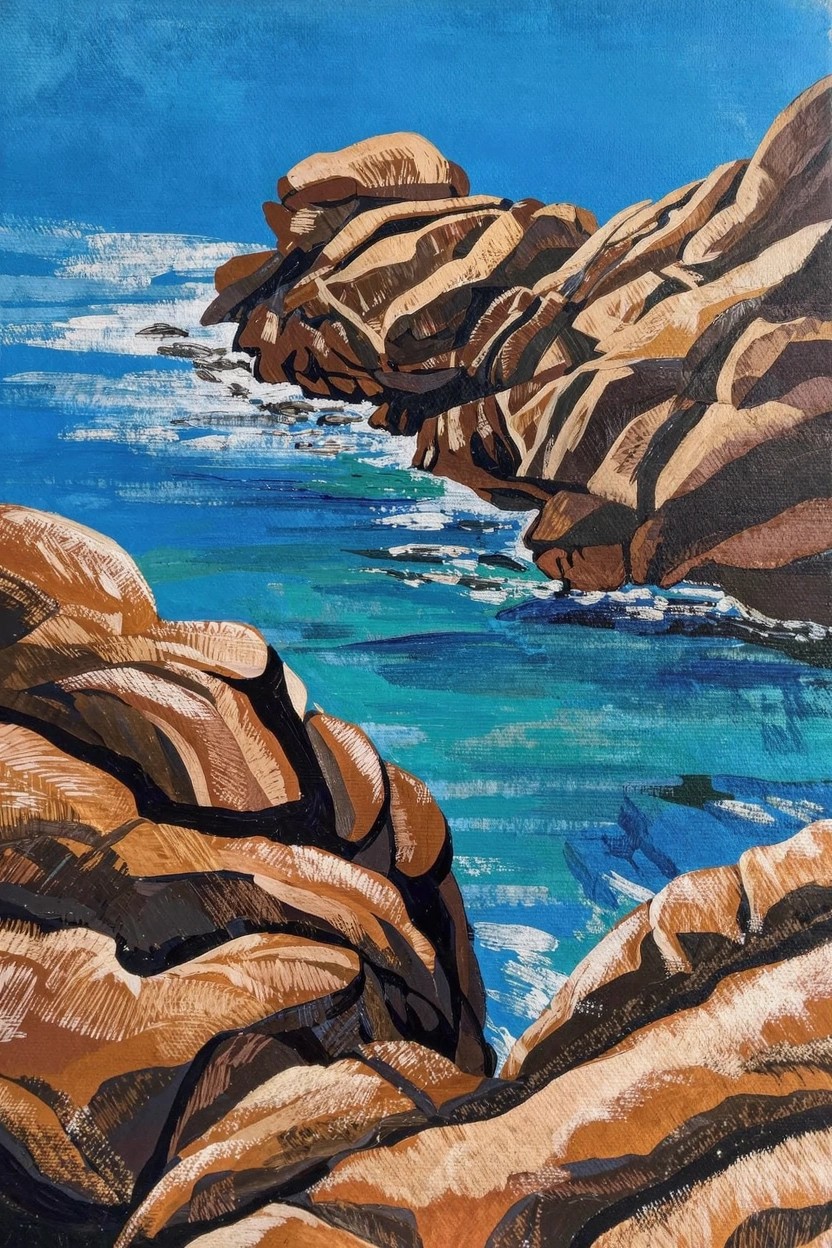 Acrylic painting of textured orange-brown rock formations beside turquoise ocean waves and blue sky.