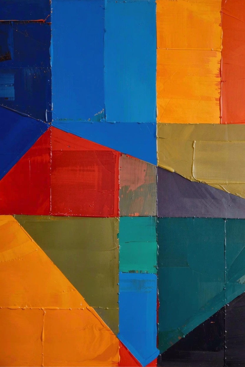 Abstract acrylic painting featuring overlapping geometric shapes in bold blues, oranges, yellows, reds, greens, purples, and blacks with visible textured brushstrokes on canvas.