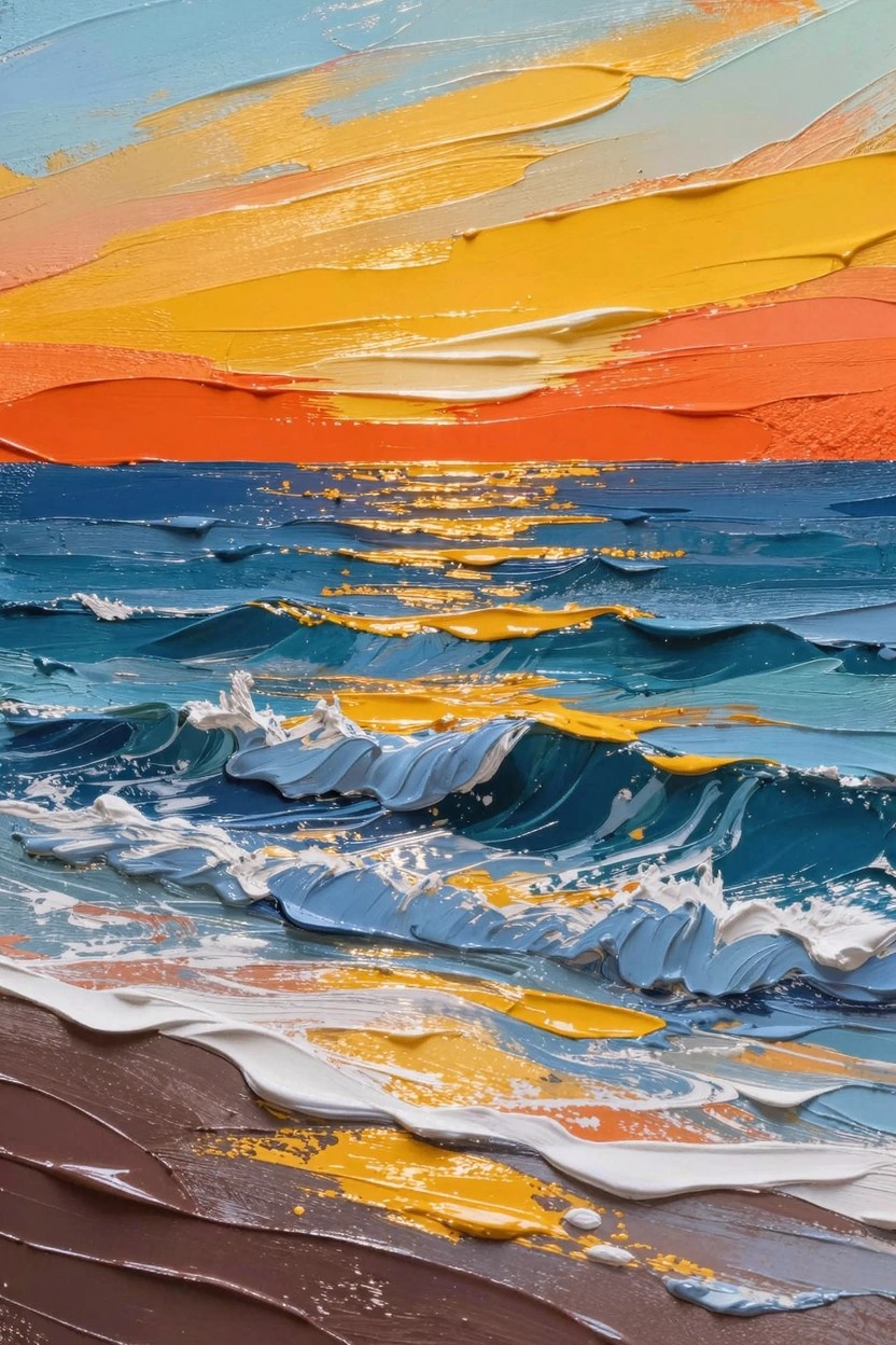 Acrylic impasto painting of a sunset over ocean waves with sandy beach foreground and golden reflections on water.
