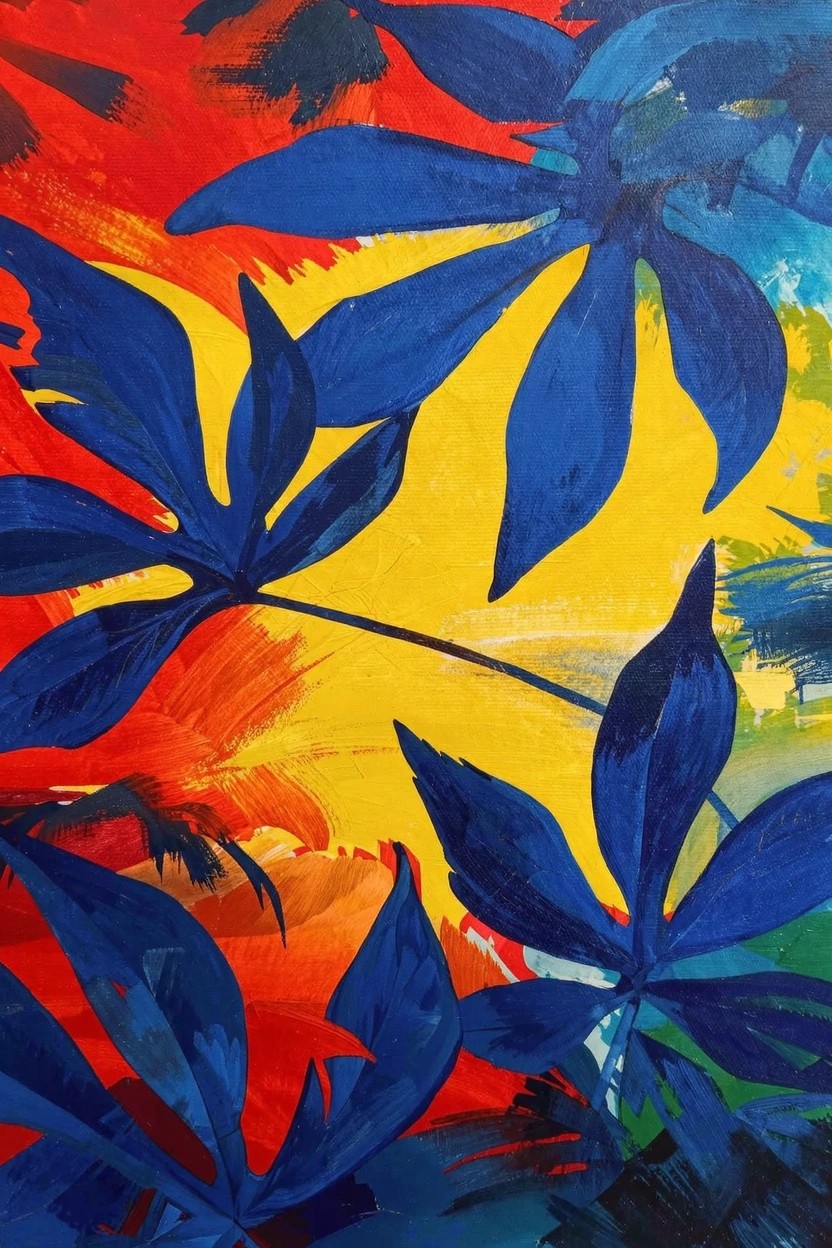 Acrylic painting of overlapping deep blue tropical leaves on a multicolored red, orange, yellow, and green background with visible brushstrokes.