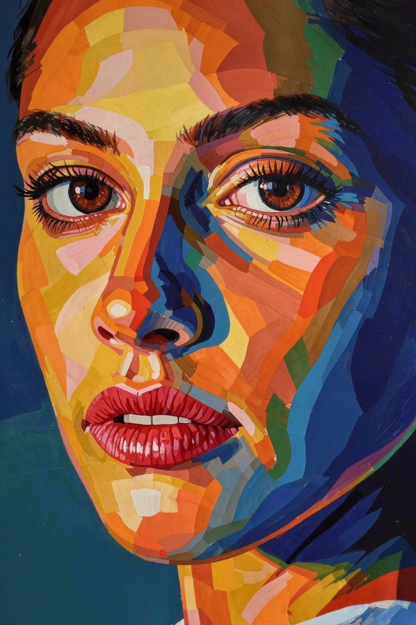 Acrylic portrait of a woman's face built from overlapping angular patches in bright oranges, yellows, greens, and blues on a dark blue background.