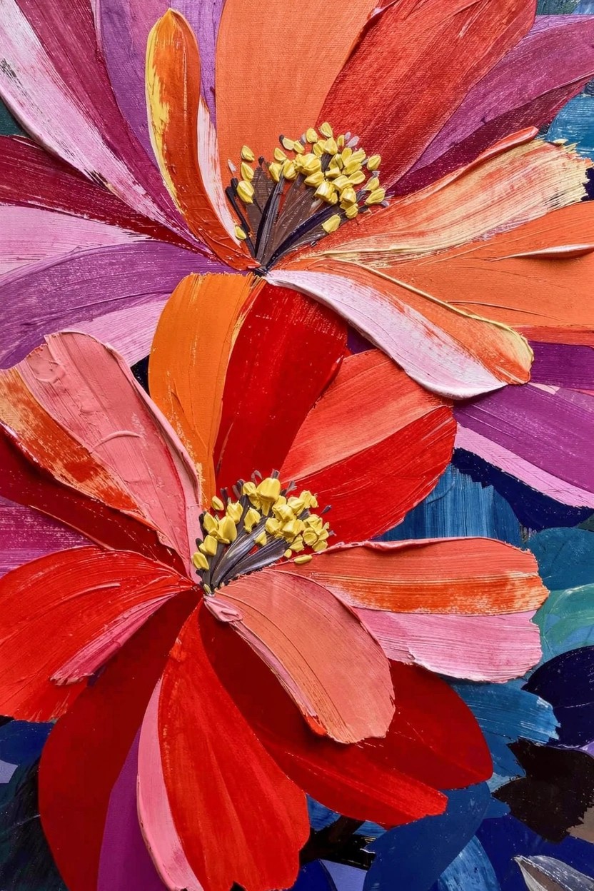 Acrylic painting of two overlapping vibrant pink, orange, and red flowers with textured brushstrokes and yellow centers on a dark blue background.