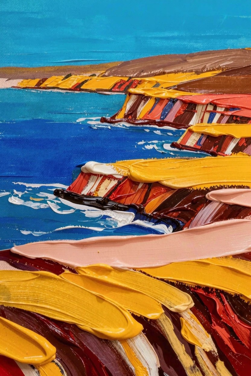 Acrylic painting of multicolored layered cliffs in reds, oranges, yellows, and pinks along a blue ocean with waves.