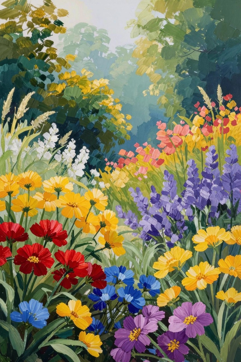 Acrylic painting of a colorful garden path lined with overlapping yellow, red, purple, blue, and white flowers amid green foliage.