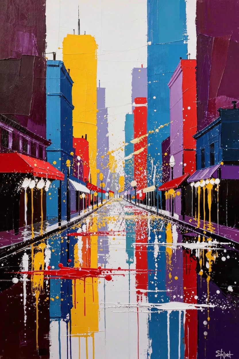 Acrylic painting of a rainy urban street with tall colorful skyscrapers and their reflections in wet puddles.
