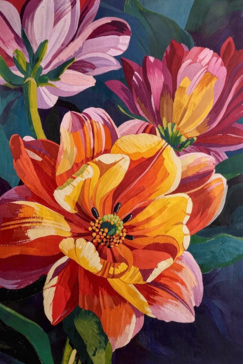 Acrylic painting of overlapping tulips in vibrant pink, purple, orange, and yellow on a dark teal background.