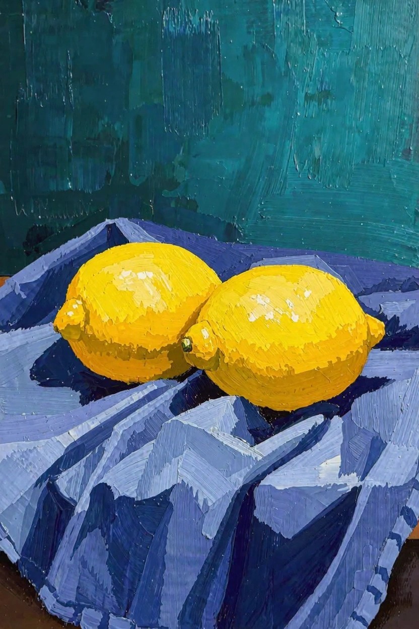 Acrylic painting of two yellow lemons on folded blue cloth against a teal background with visible brushstrokes.