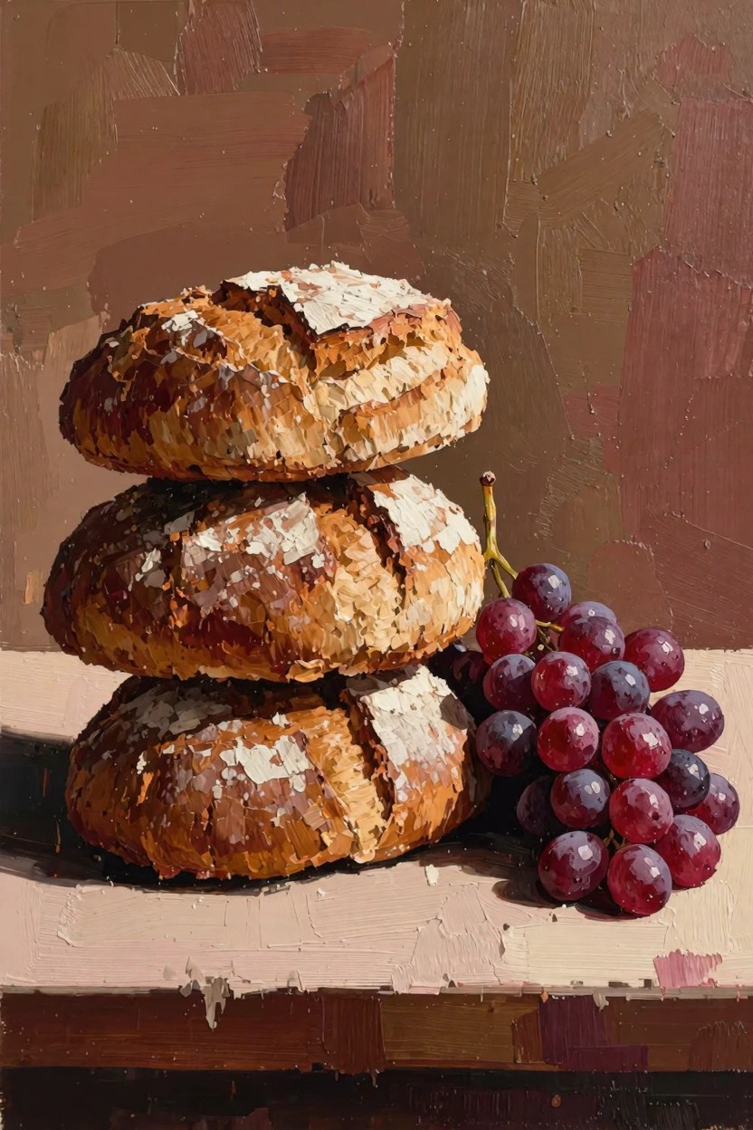 Acrylic painting of three stacked crusty seeded bread rolls beside purple grapes on a warm-toned surface.