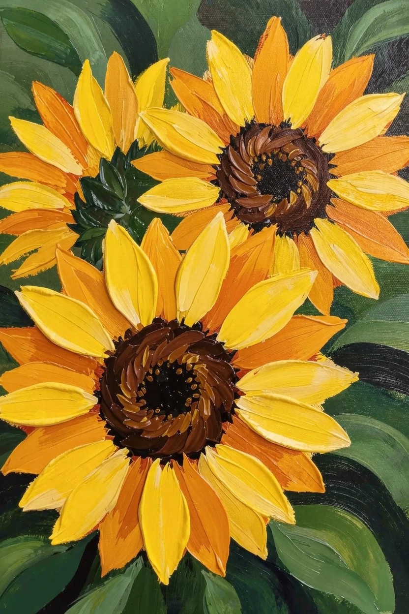 Acrylic painting of two overlapping sunflowers with thick yellow petals, brown centers, and green leaves.