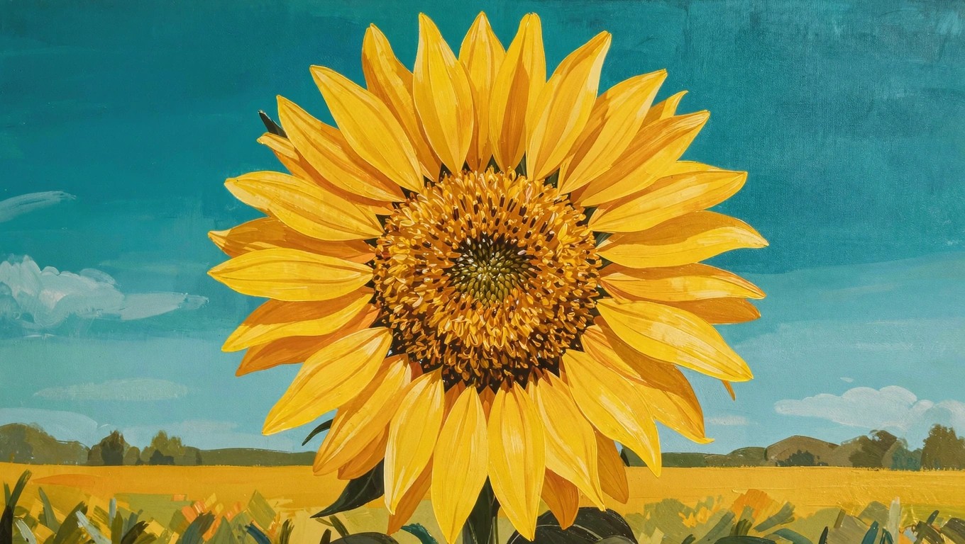 Acrylic painting of a large yellow sunflower facing forward against a teal background with green stem and faint horizon.